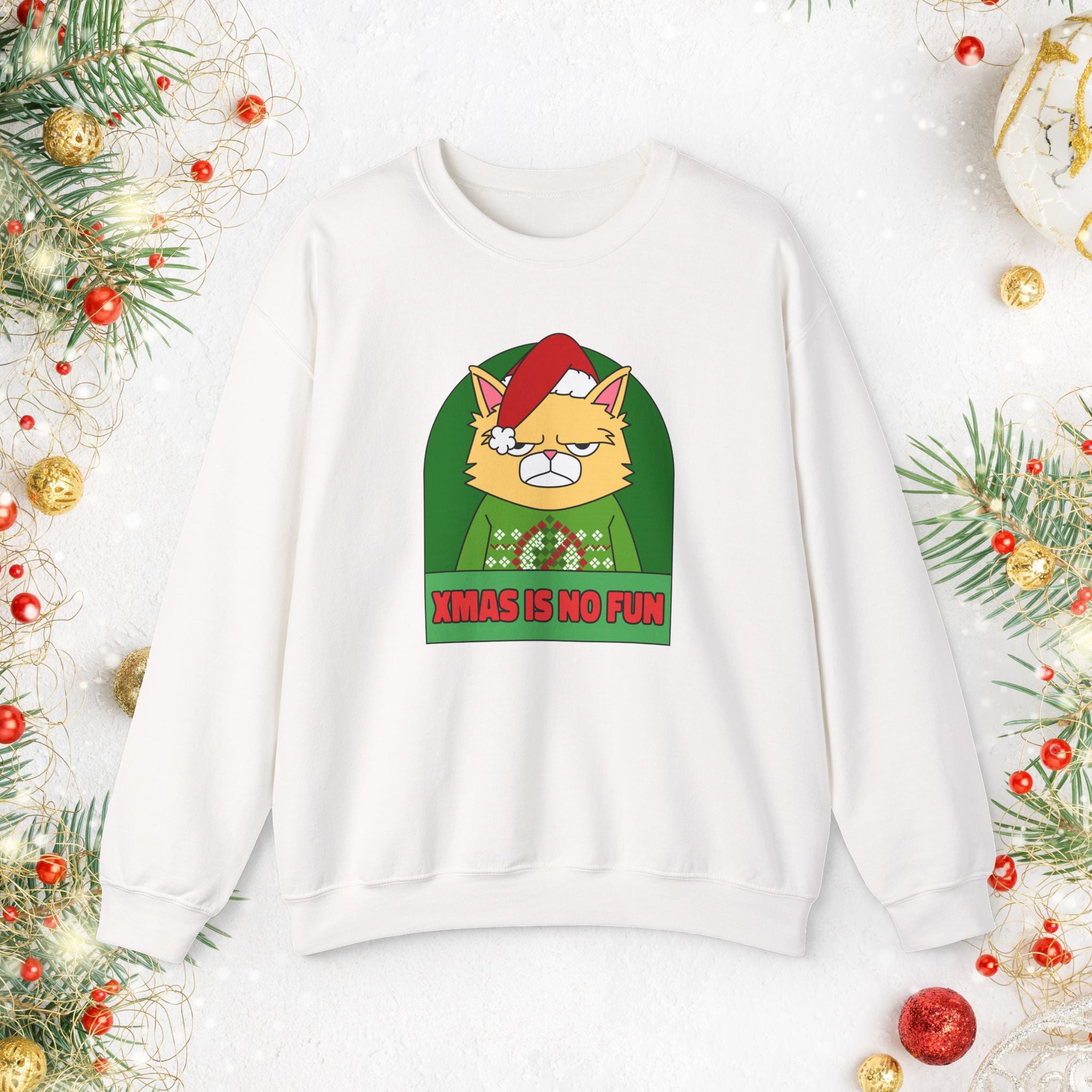 Grumpy Cat Christmas Sweatshirt – "XMAS IS NO FUN" Holiday Crewneck
