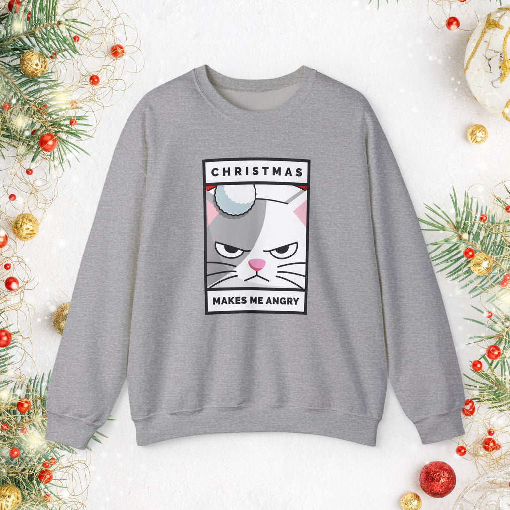Grumpy Cat Christmas Sweatshirt - "Christmas Makes Me Angry" Graphic Crewneck