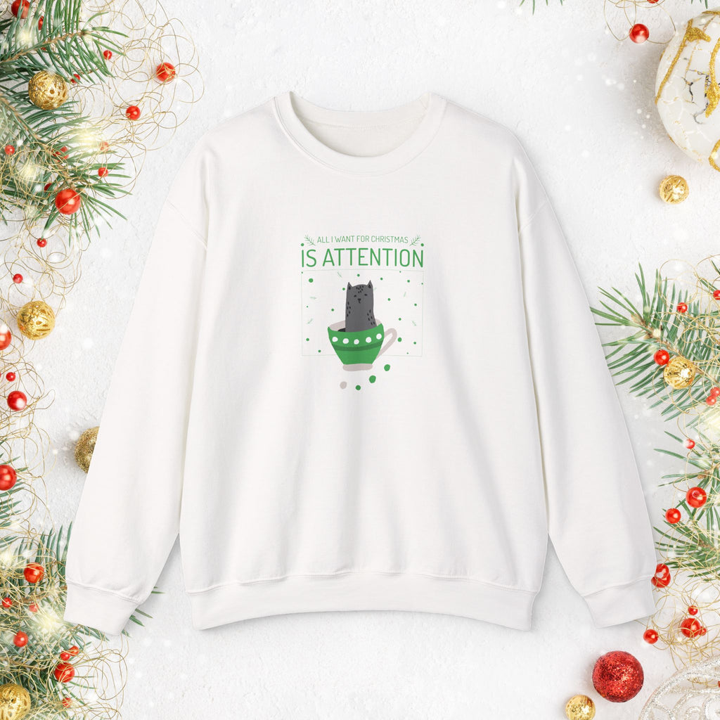 Cat in Ornament Sweatshirt — 'Is Attention' Holiday Cat Crewneck