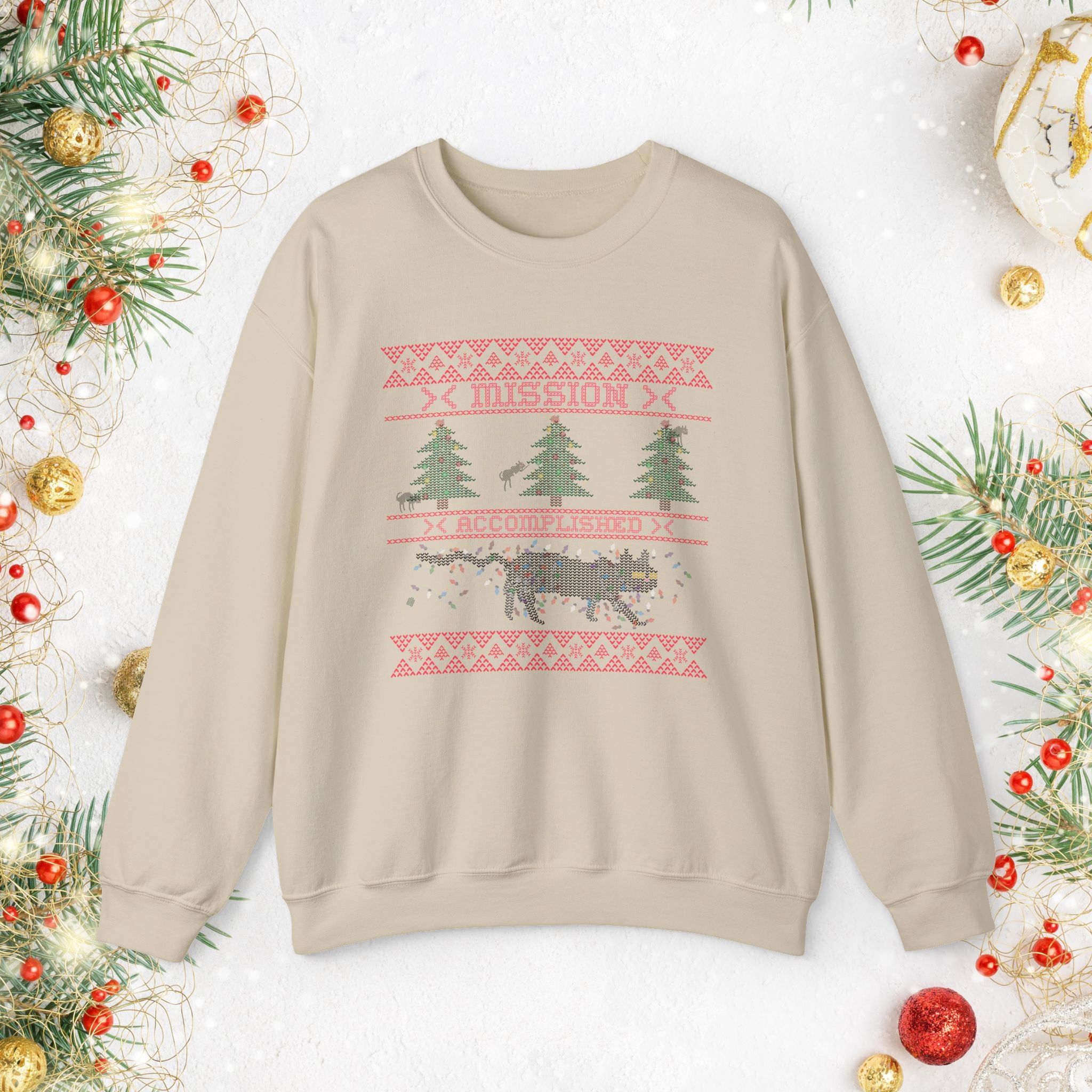Holiday Cat Sweatshirt — 'Mission Accomplished' Funny Cat Christmas Sweater Design