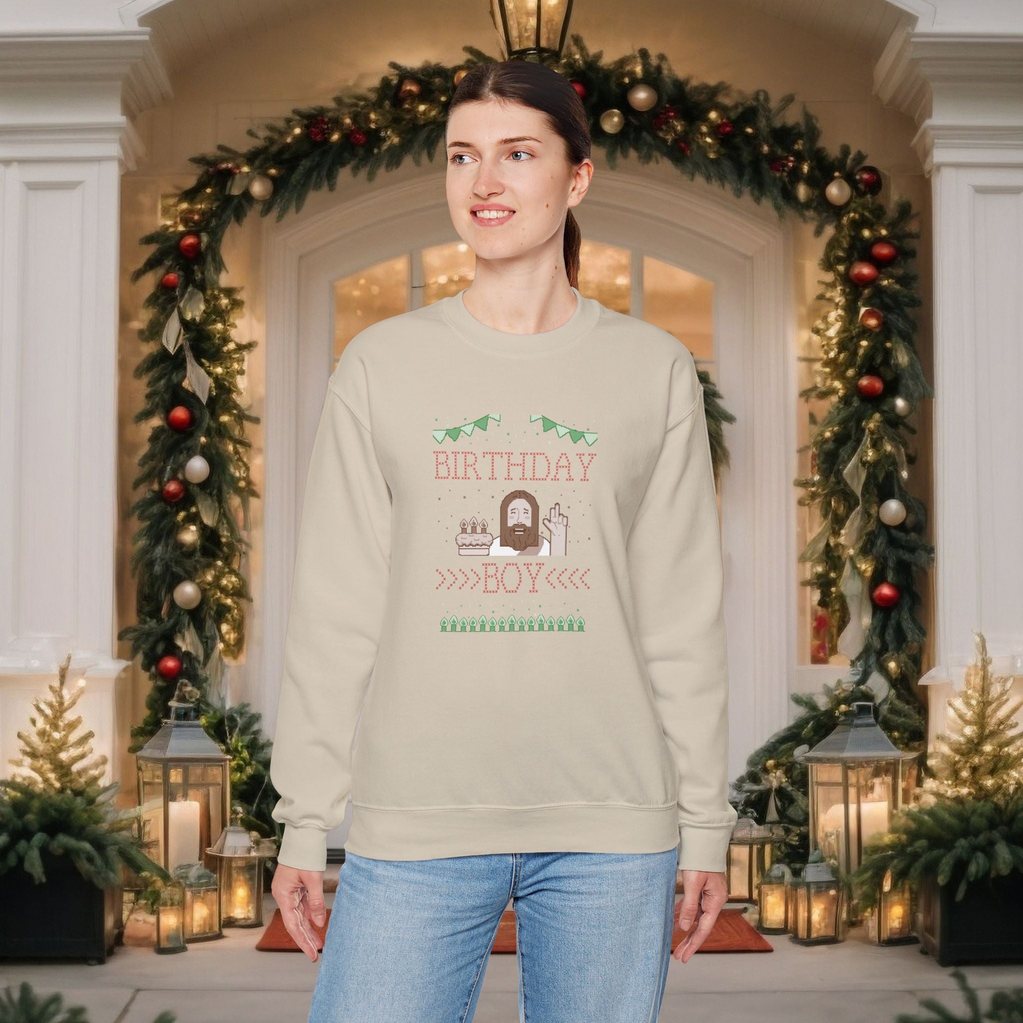 Birthday Boy Jesus Sweatshirt — Festive Retro Cake & Candles Crewneck