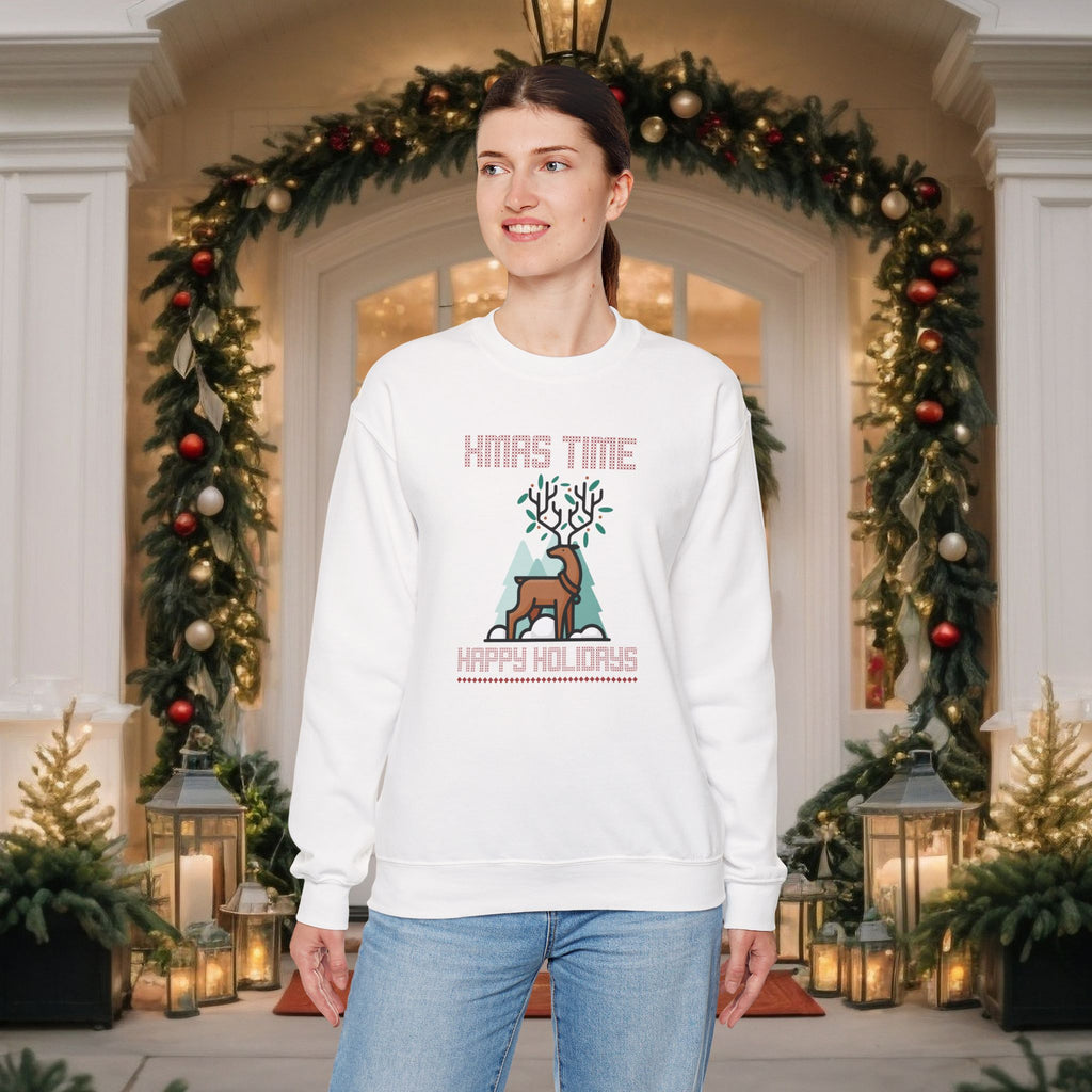 Christmas Reindeer Crewneck Sweatshirt — "Xmas Time, Happy Holidays" Holiday Sweatshirt