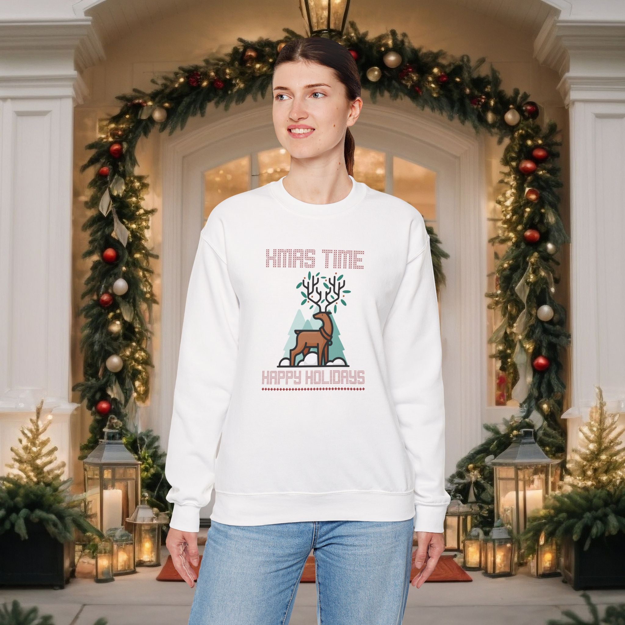 Christmas Reindeer Crewneck Sweatshirt — "Xmas Time, Happy Holidays" Holiday Sweatshirt