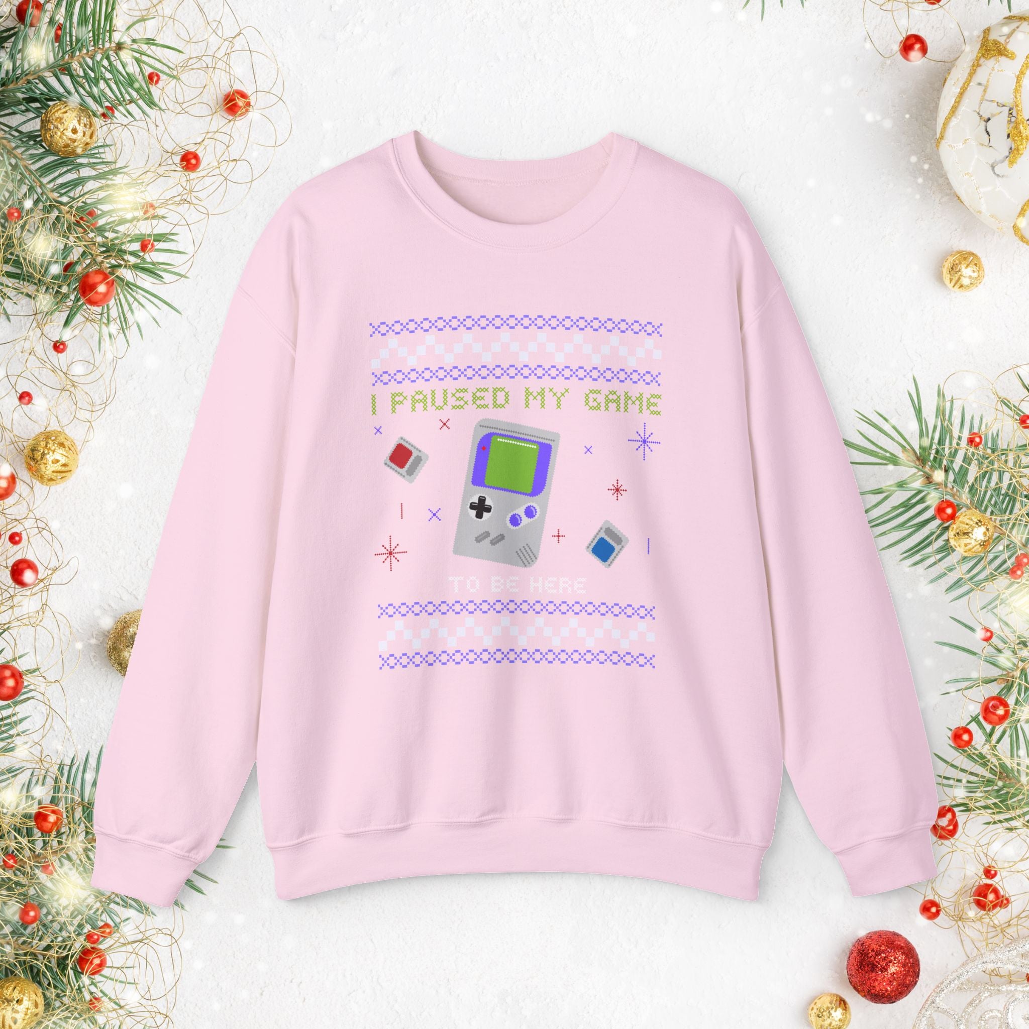 I Paused My Game Retro Handheld Sweatshirt — Gamer Christmas Ugly Sweater