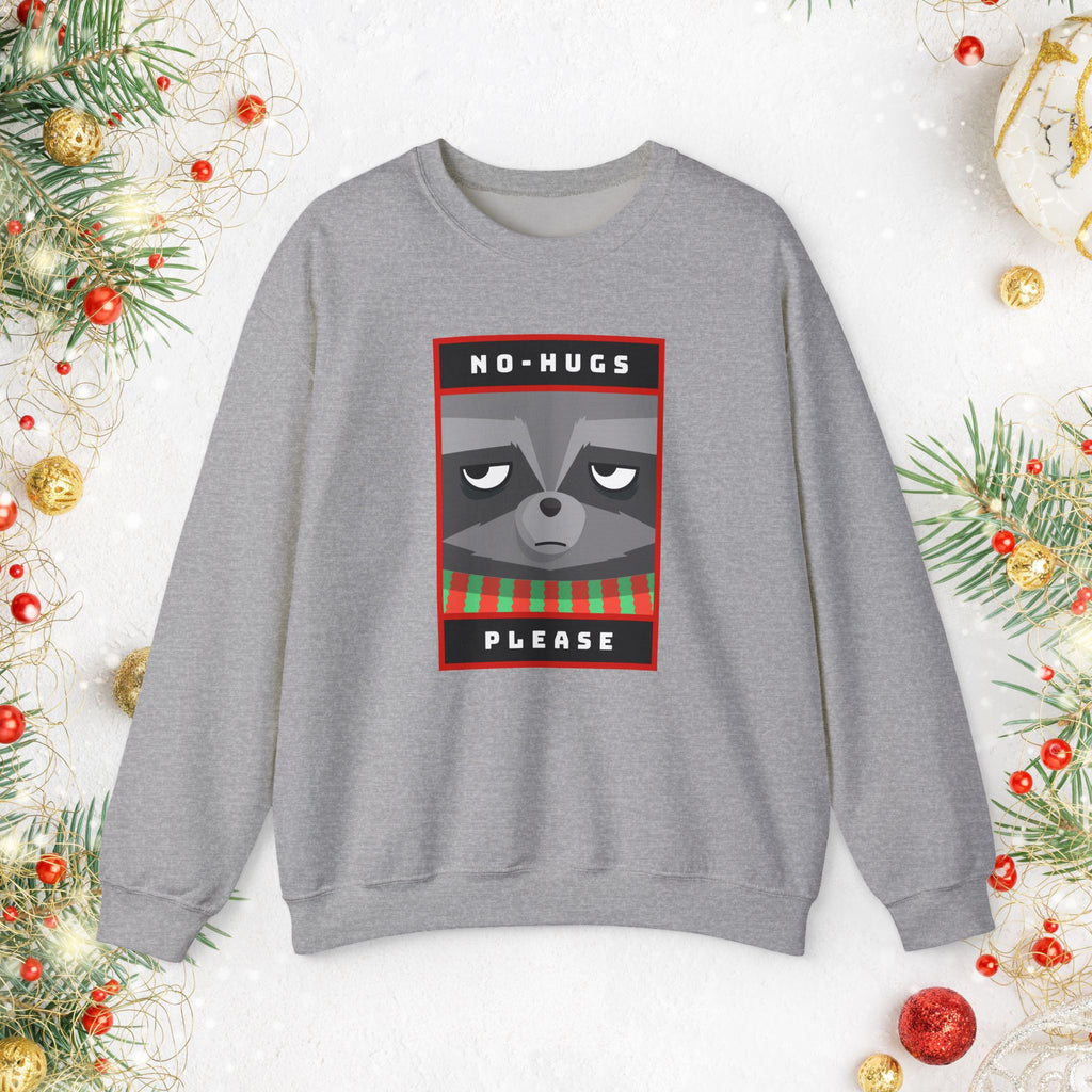 Crewneck Sweatshirt - "No Hugs Please" Grumpy Raccoon Holiday Sweater