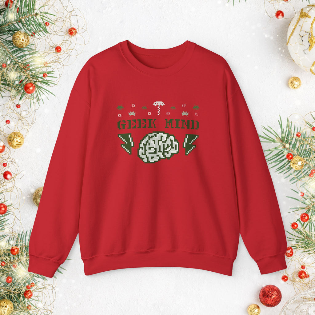 Geek Mind Crewneck Sweatshirt – Retro Pixel Brain Gaming Holiday Sweater