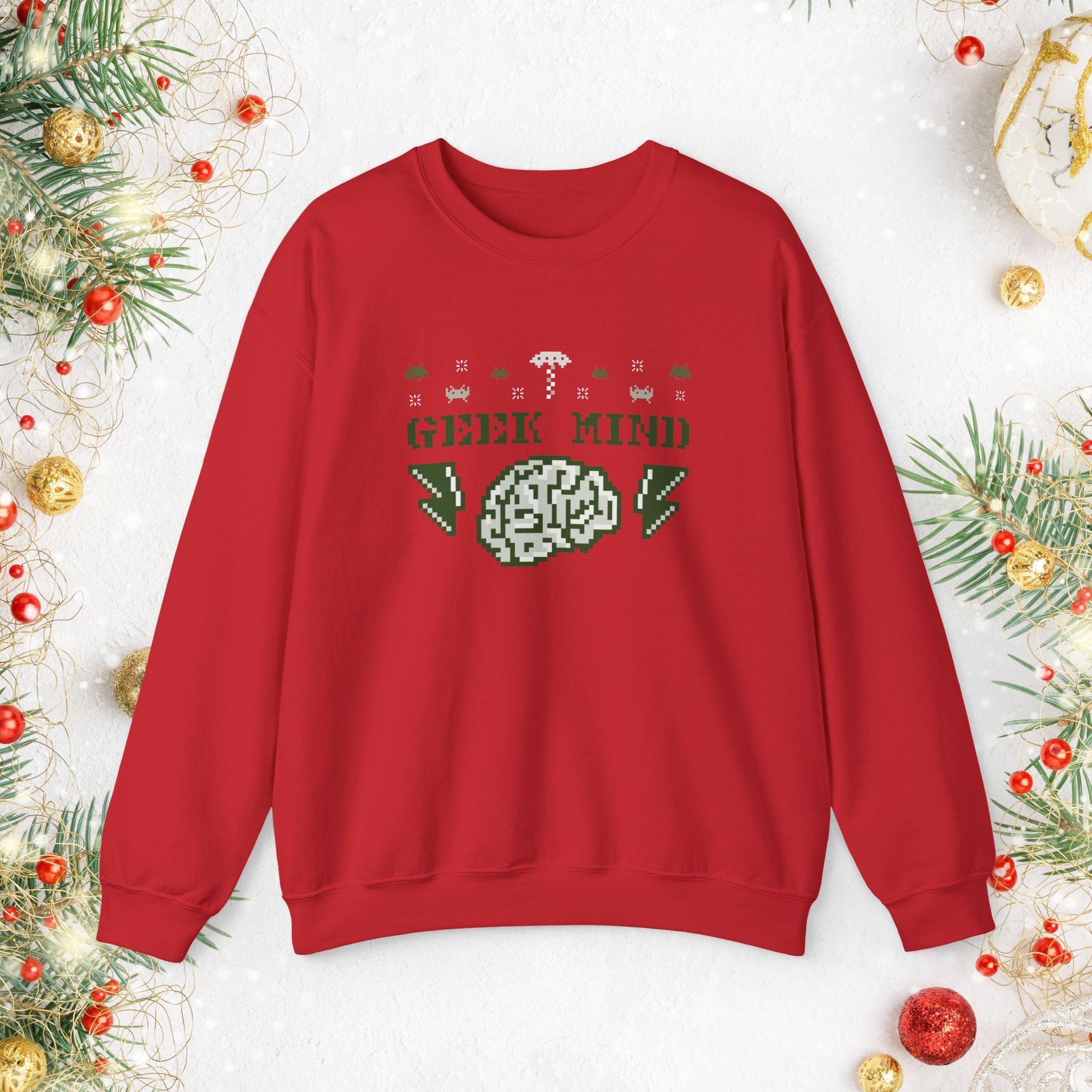 Geek Mind Crewneck Sweatshirt – Retro Pixel Brain Gaming Holiday Sweater