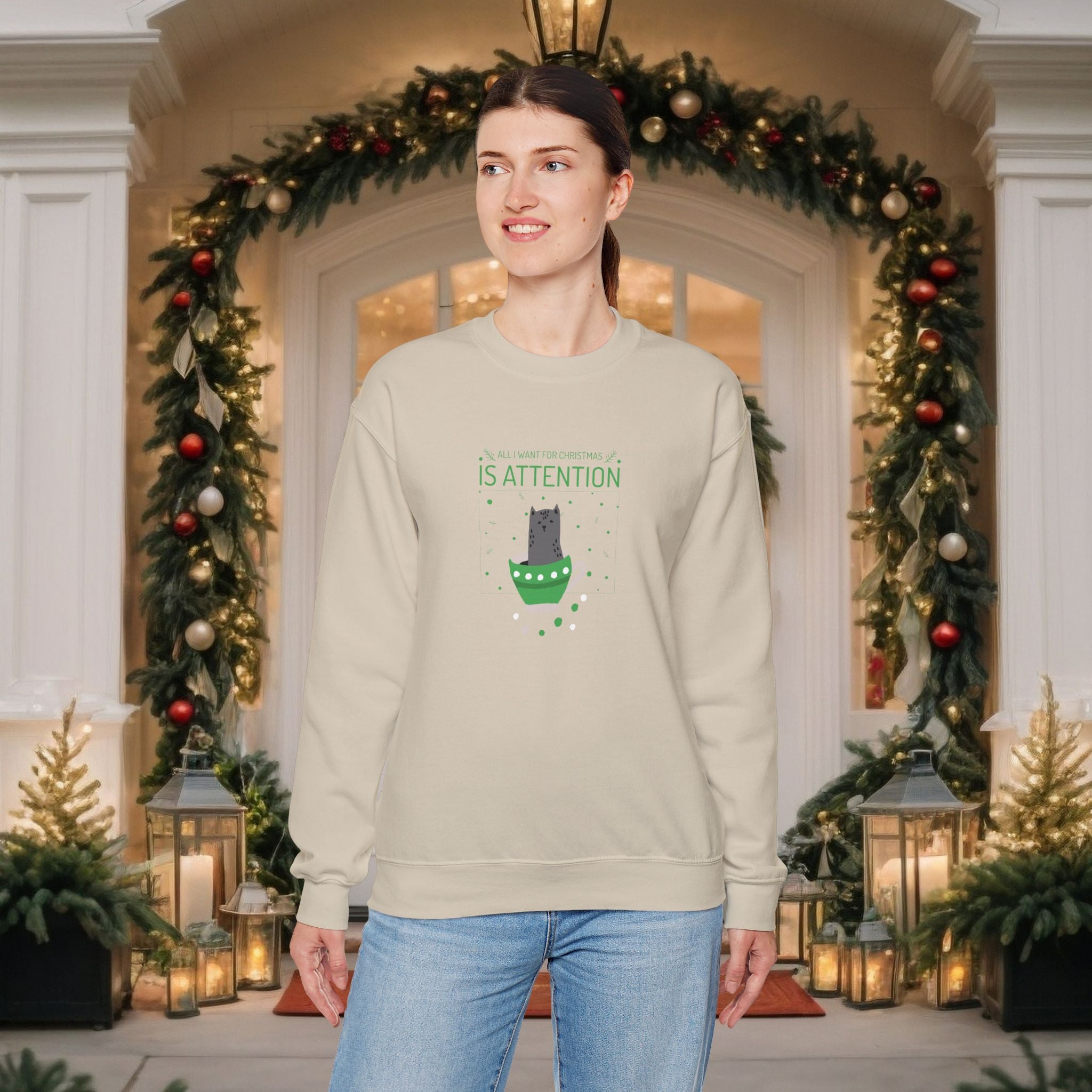 Cat in Ornament Sweatshirt — 'Is Attention' Holiday Cat Crewneck