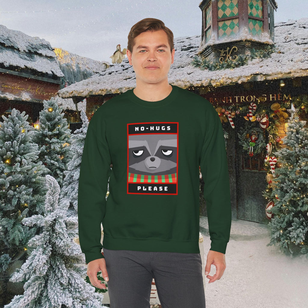 Crewneck Sweatshirt - "No Hugs Please" Grumpy Raccoon Holiday Sweater