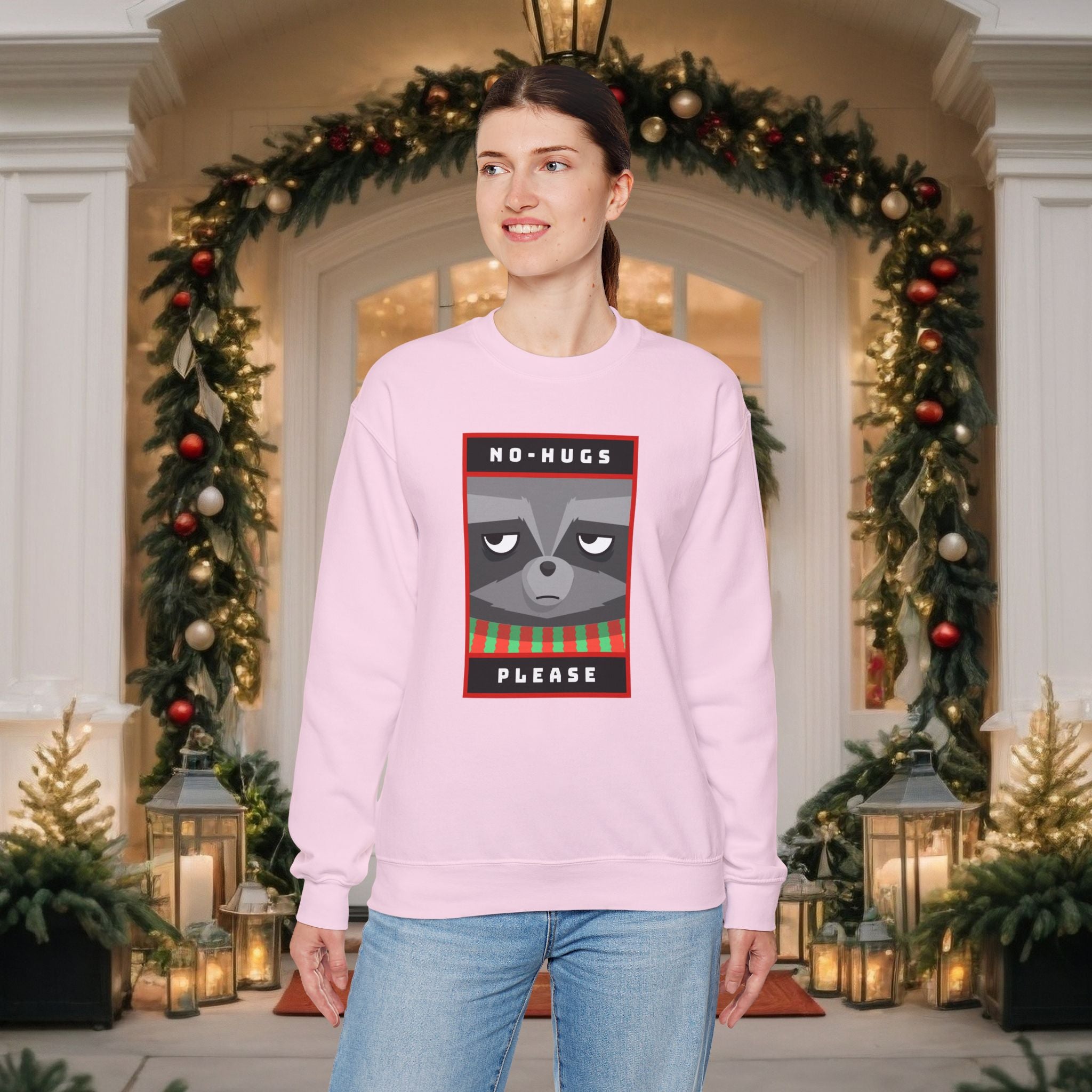 Crewneck Sweatshirt - "No Hugs Please" Grumpy Raccoon Holiday Sweater