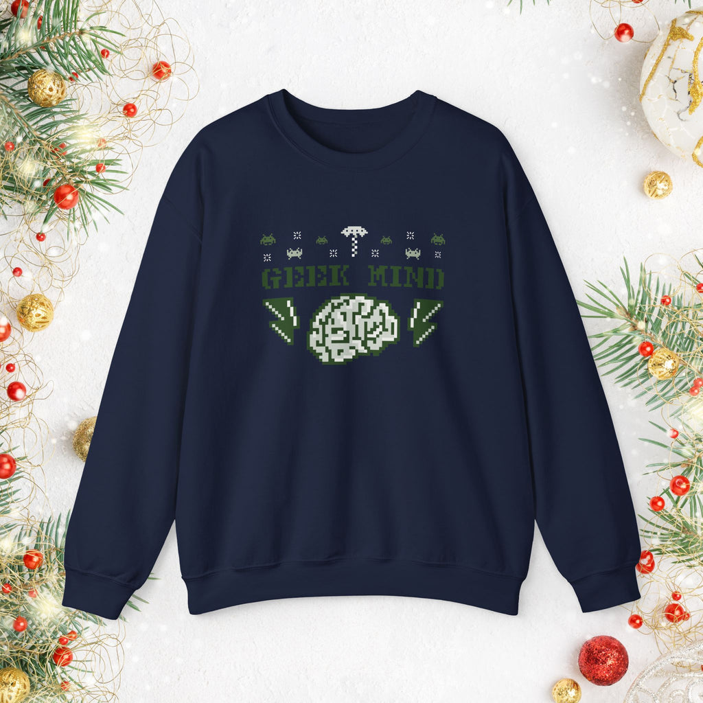 Geek Mind Crewneck Sweatshirt – Retro Pixel Brain Gaming Holiday Sweater