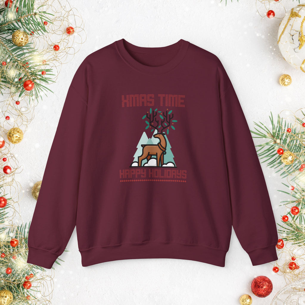 Christmas Reindeer Crewneck Sweatshirt — "Xmas Time, Happy Holidays" Holiday Sweatshirt