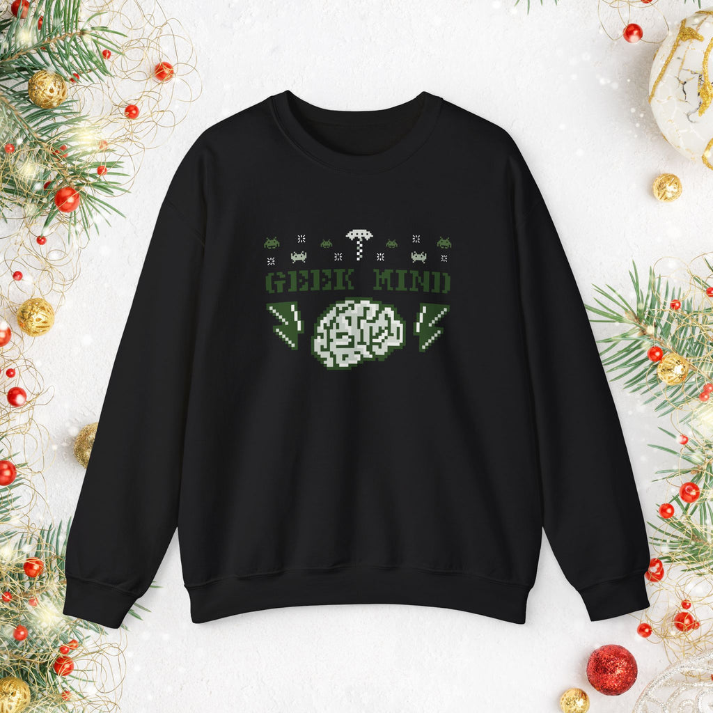 Geek Mind Crewneck Sweatshirt – Retro Pixel Brain Gaming Holiday Sweater