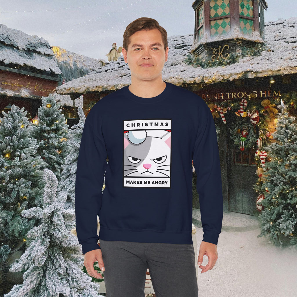 Grumpy Cat Christmas Sweatshirt - "Christmas Makes Me Angry" Graphic Crewneck