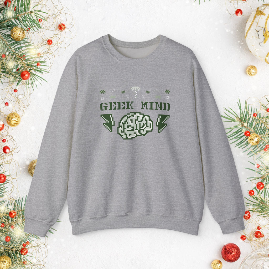 Geek Mind Crewneck Sweatshirt – Retro Pixel Brain Gaming Holiday Sweater