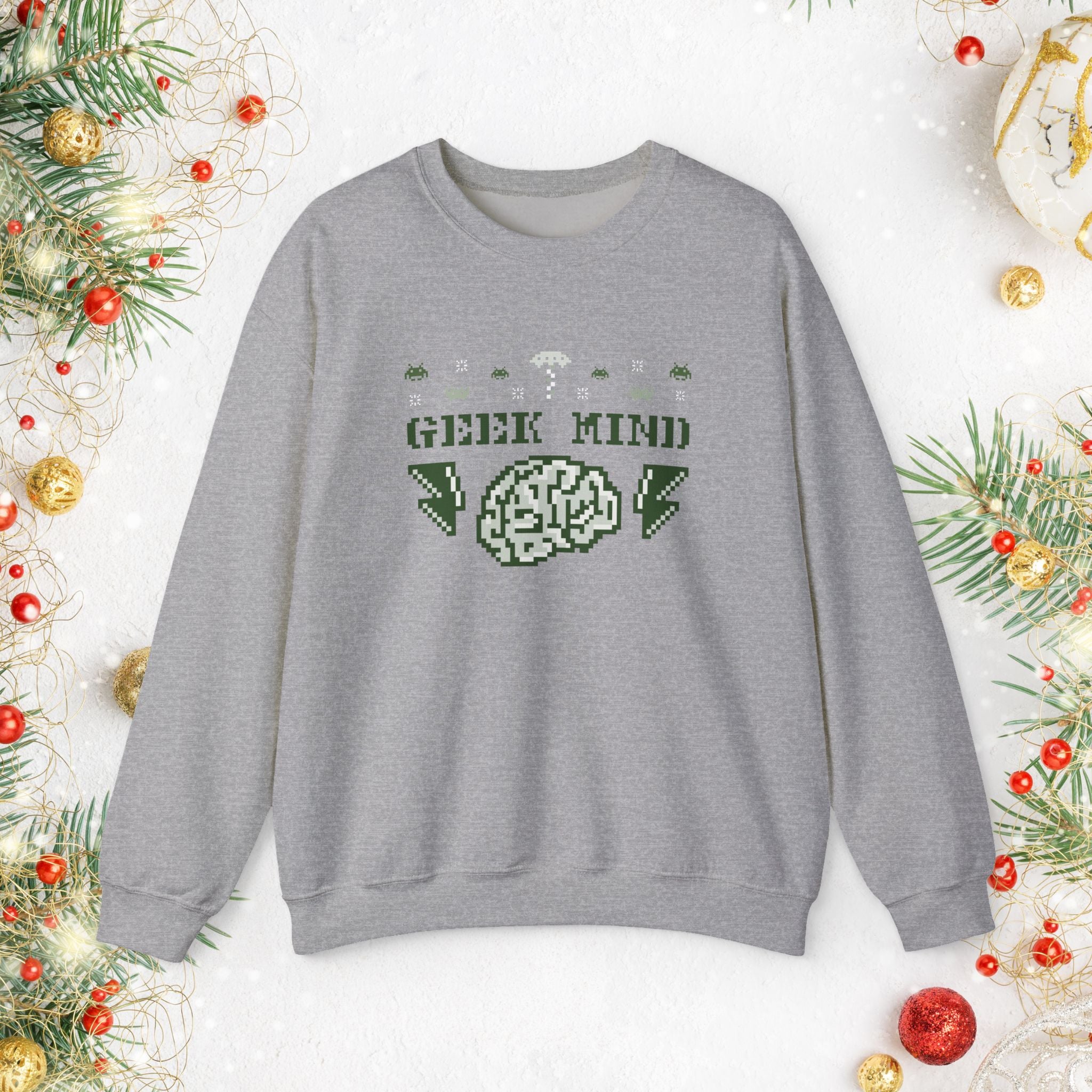 Geek Mind Crewneck Sweatshirt – Retro Pixel Brain Gaming Holiday Sweater