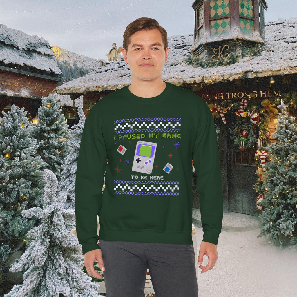 I Paused My Game Retro Handheld Sweatshirt — Gamer Christmas Ugly Sweater