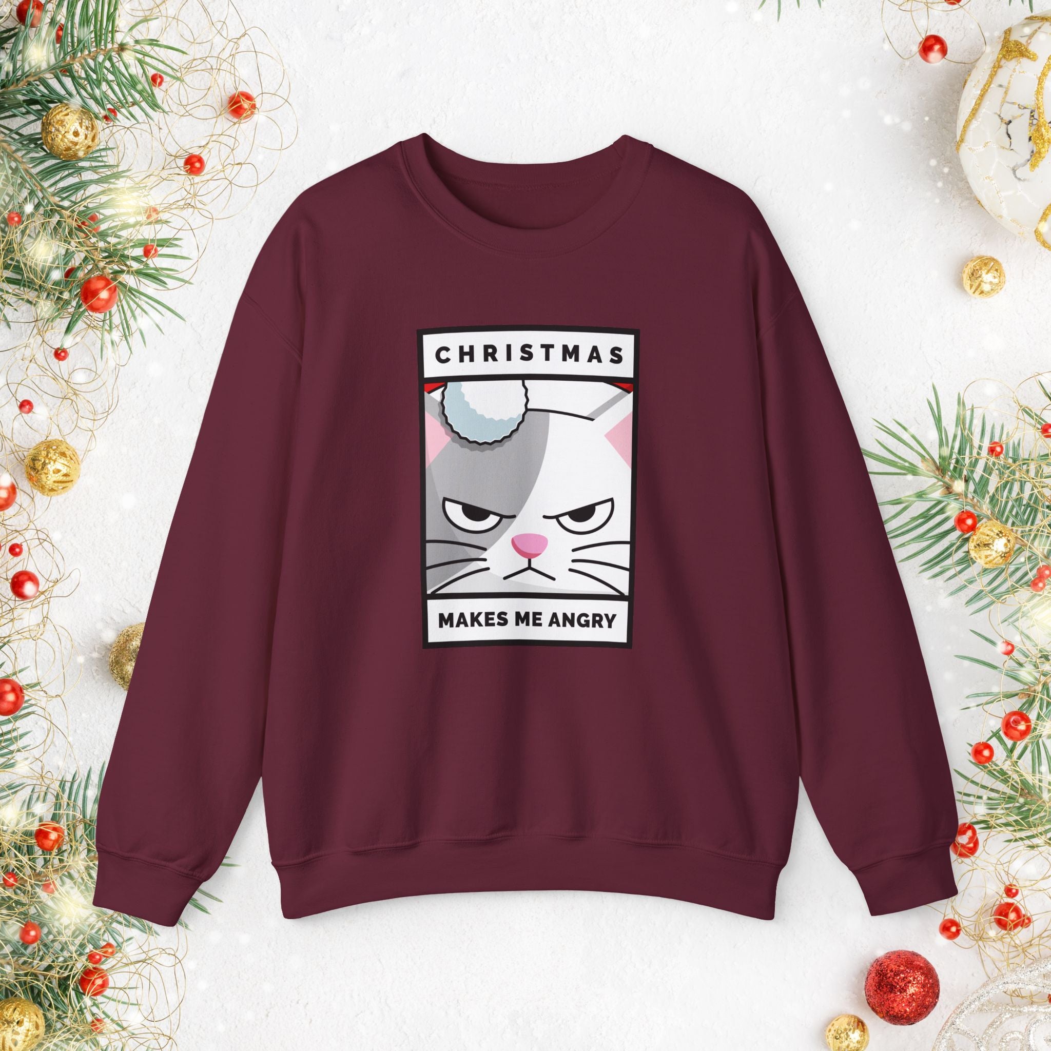 Grumpy Cat Christmas Sweatshirt - "Christmas Makes Me Angry" Graphic Crewneck