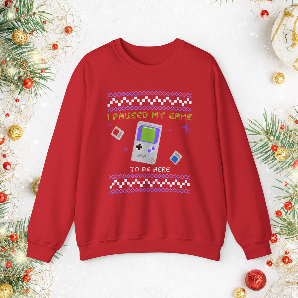 I Paused My Game Retro Handheld Sweatshirt — Gamer Christmas Ugly Sweater