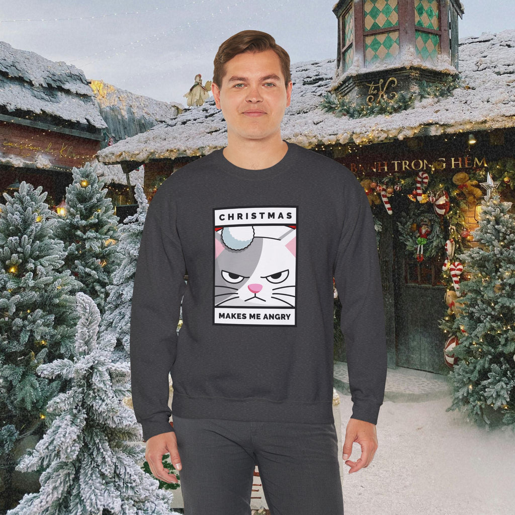Grumpy Cat Christmas Sweatshirt - "Christmas Makes Me Angry" Graphic Crewneck