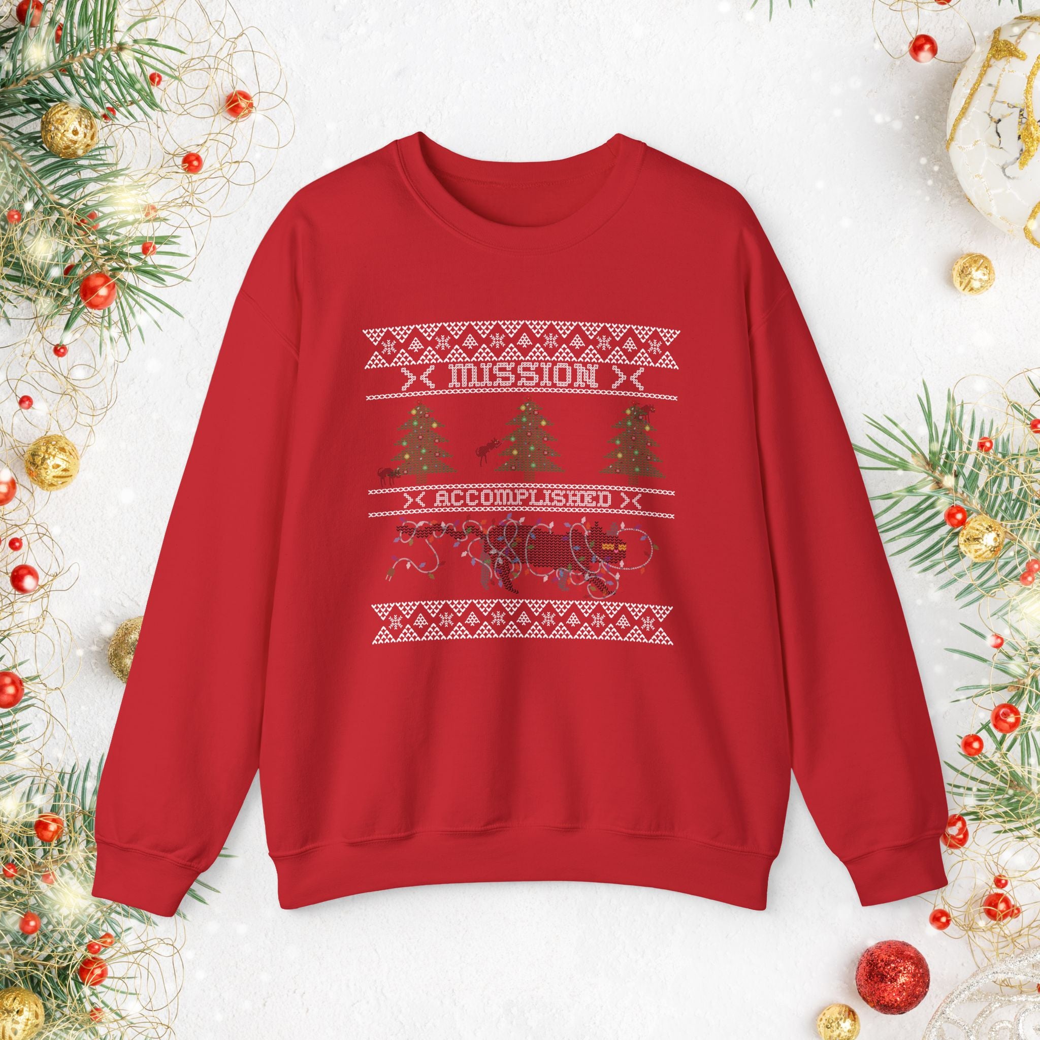 Funny Holiday Cat Sweatshirt — Cat Destroying Tree Christmas Sweater
