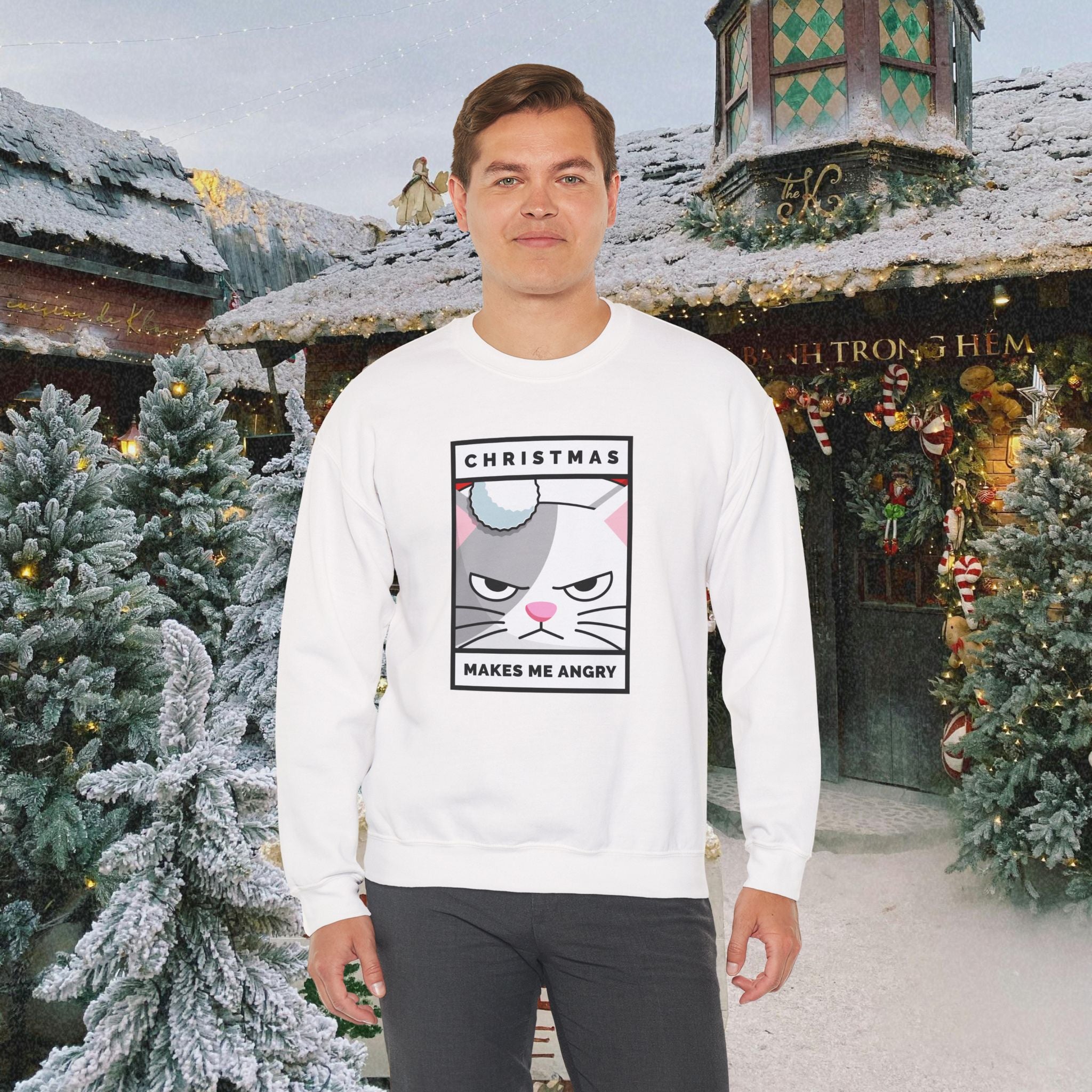 Grumpy Cat Christmas Sweatshirt - "Christmas Makes Me Angry" Graphic Crewneck