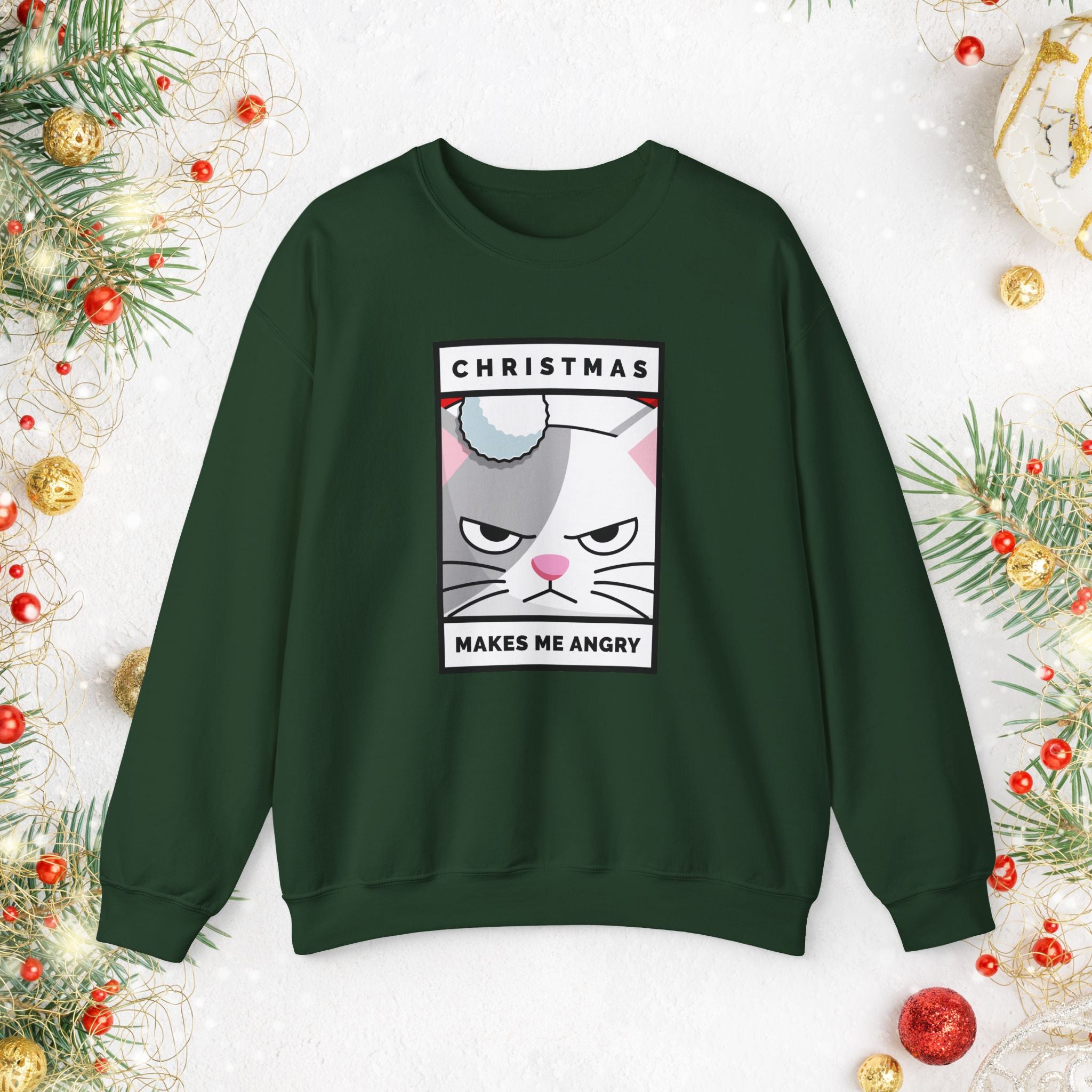 Grumpy Cat Christmas Sweatshirt - "Christmas Makes Me Angry" Graphic Crewneck