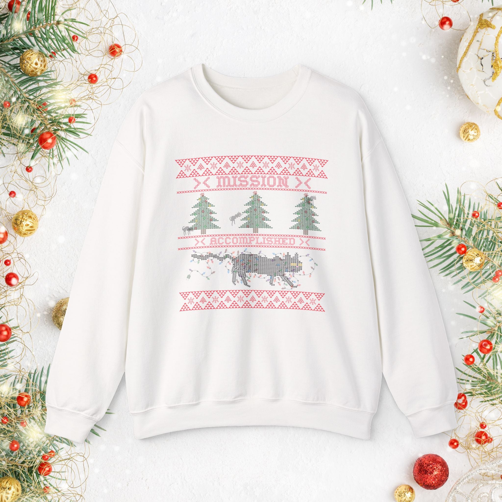 Holiday Cat Sweatshirt — 'Mission Accomplished' Funny Cat Christmas Sweater Design