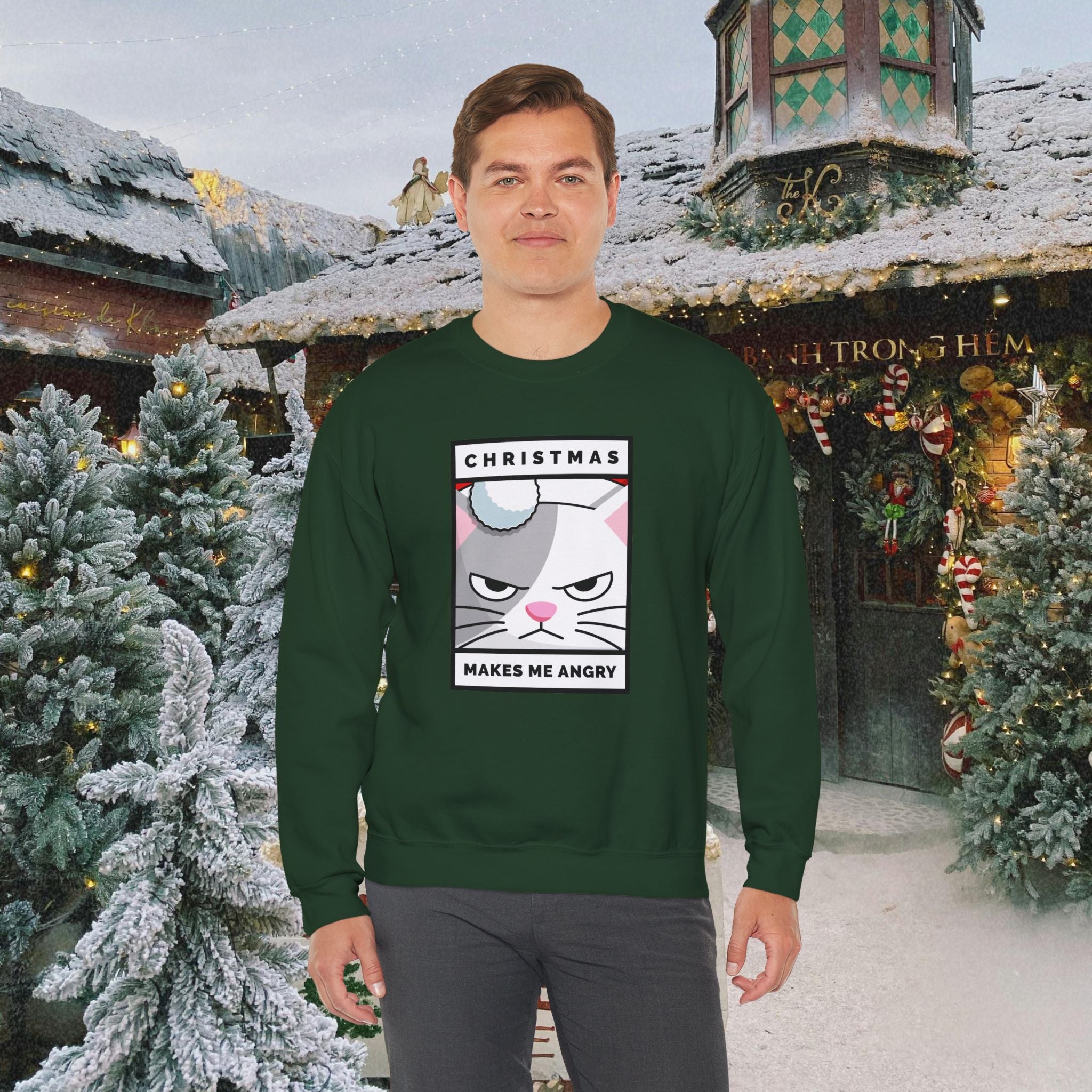 Grumpy Cat Christmas Sweatshirt - "Christmas Makes Me Angry" Graphic Crewneck