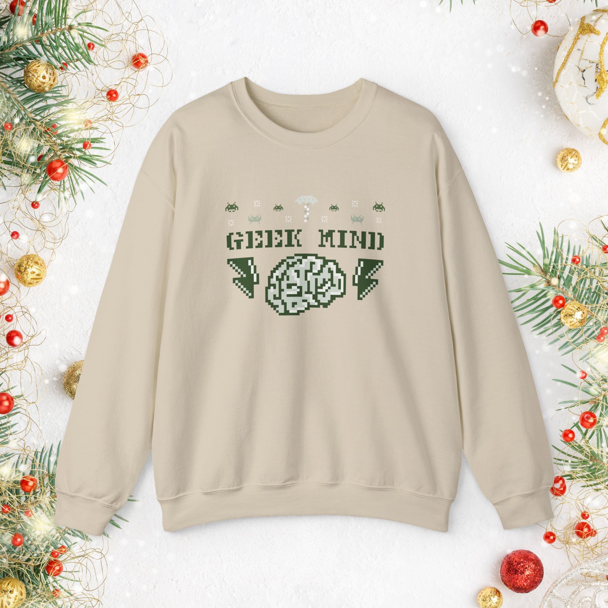Geek Mind Crewneck Sweatshirt – Retro Pixel Brain Gaming Holiday Sweater