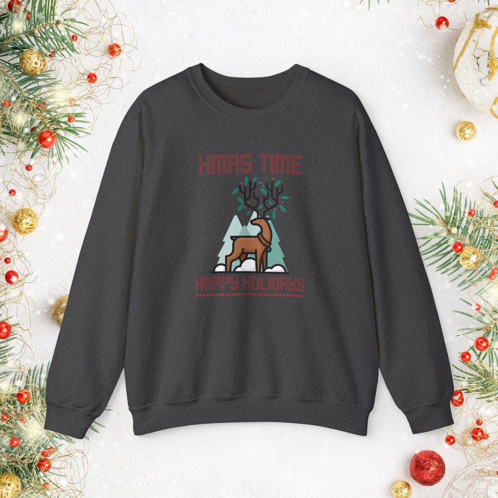 Christmas Reindeer Crewneck Sweatshirt — "Xmas Time, Happy Holidays" Holiday Sweatshirt
