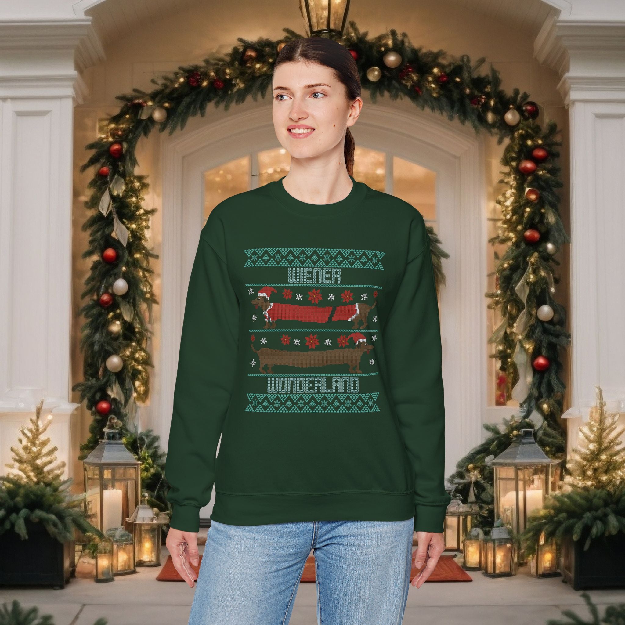 Dachshund Holiday Crewneck Sweatshirt — Cute Wiener Dog Christmas Sweater
