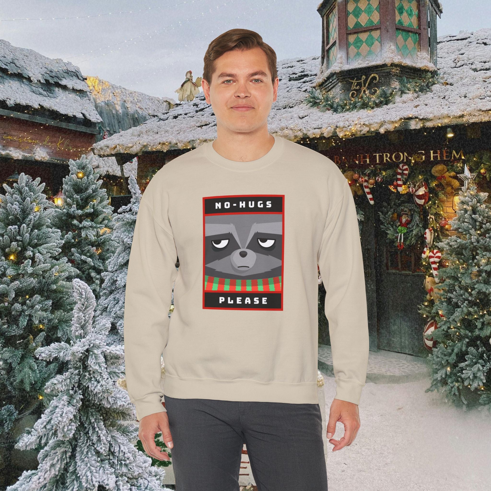 Crewneck Sweatshirt - "No Hugs Please" Grumpy Raccoon Holiday Sweater