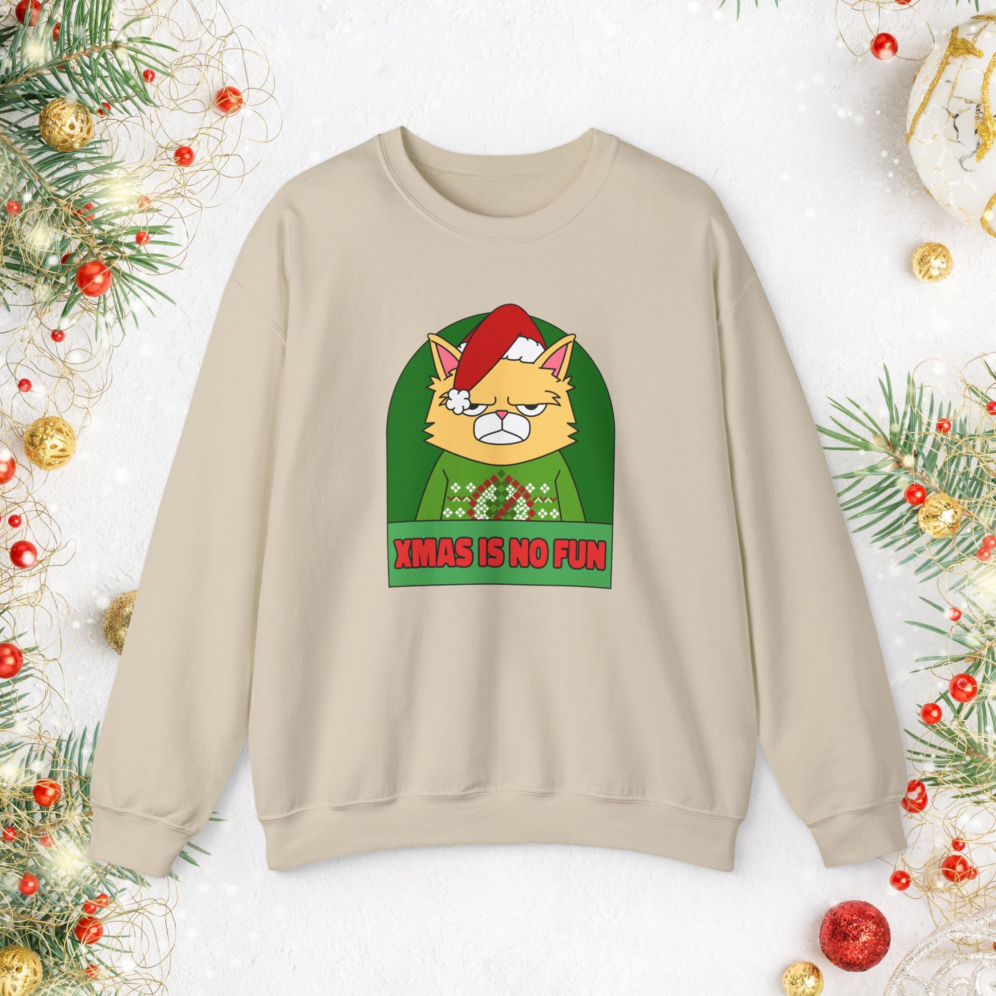 Grumpy Cat Christmas Sweatshirt – "XMAS IS NO FUN" Holiday Crewneck