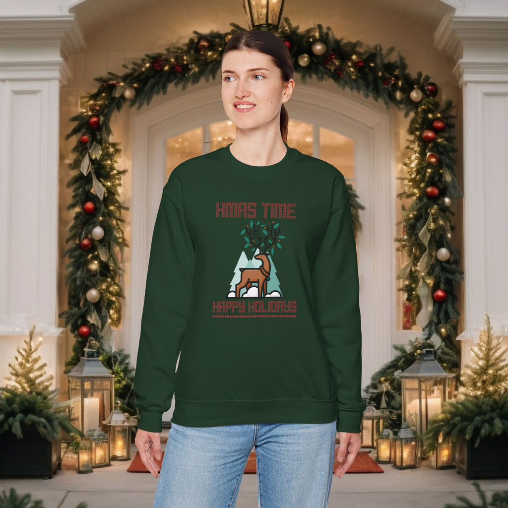 Christmas Reindeer Crewneck Sweatshirt — "Xmas Time, Happy Holidays" Holiday Sweatshirt