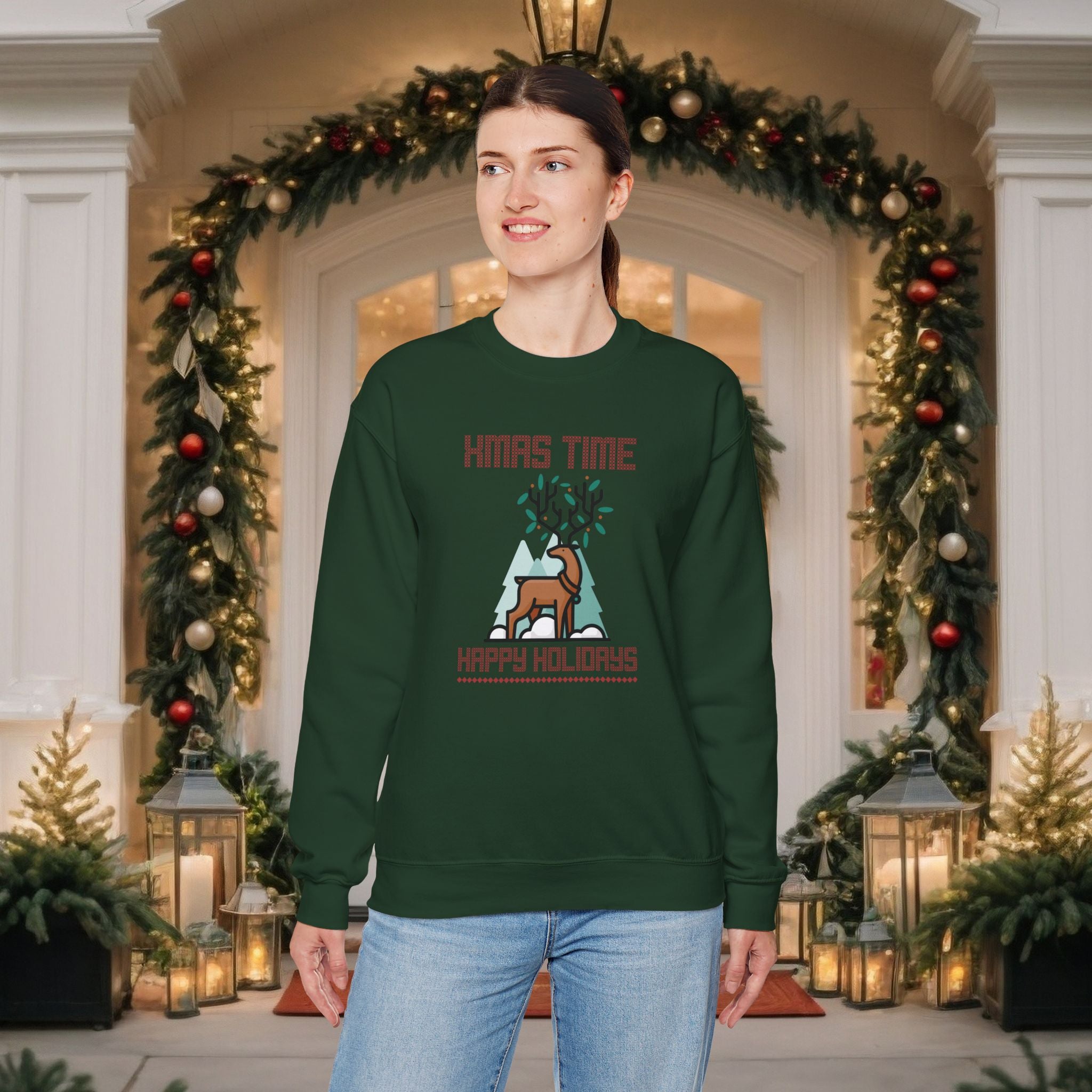 Christmas Reindeer Crewneck Sweatshirt — "Xmas Time, Happy Holidays" Holiday Sweatshirt