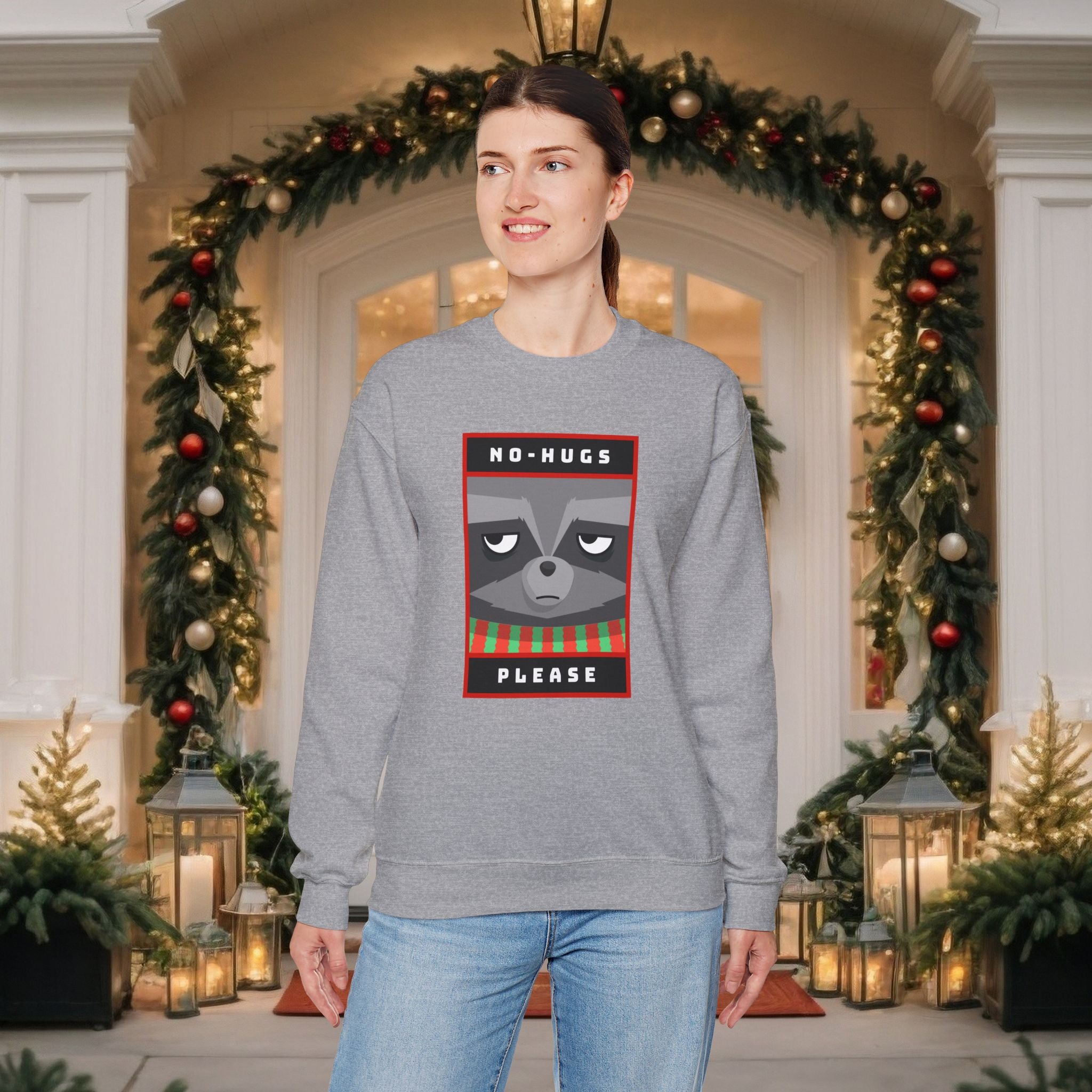 Crewneck Sweatshirt - "No Hugs Please" Grumpy Raccoon Holiday Sweater