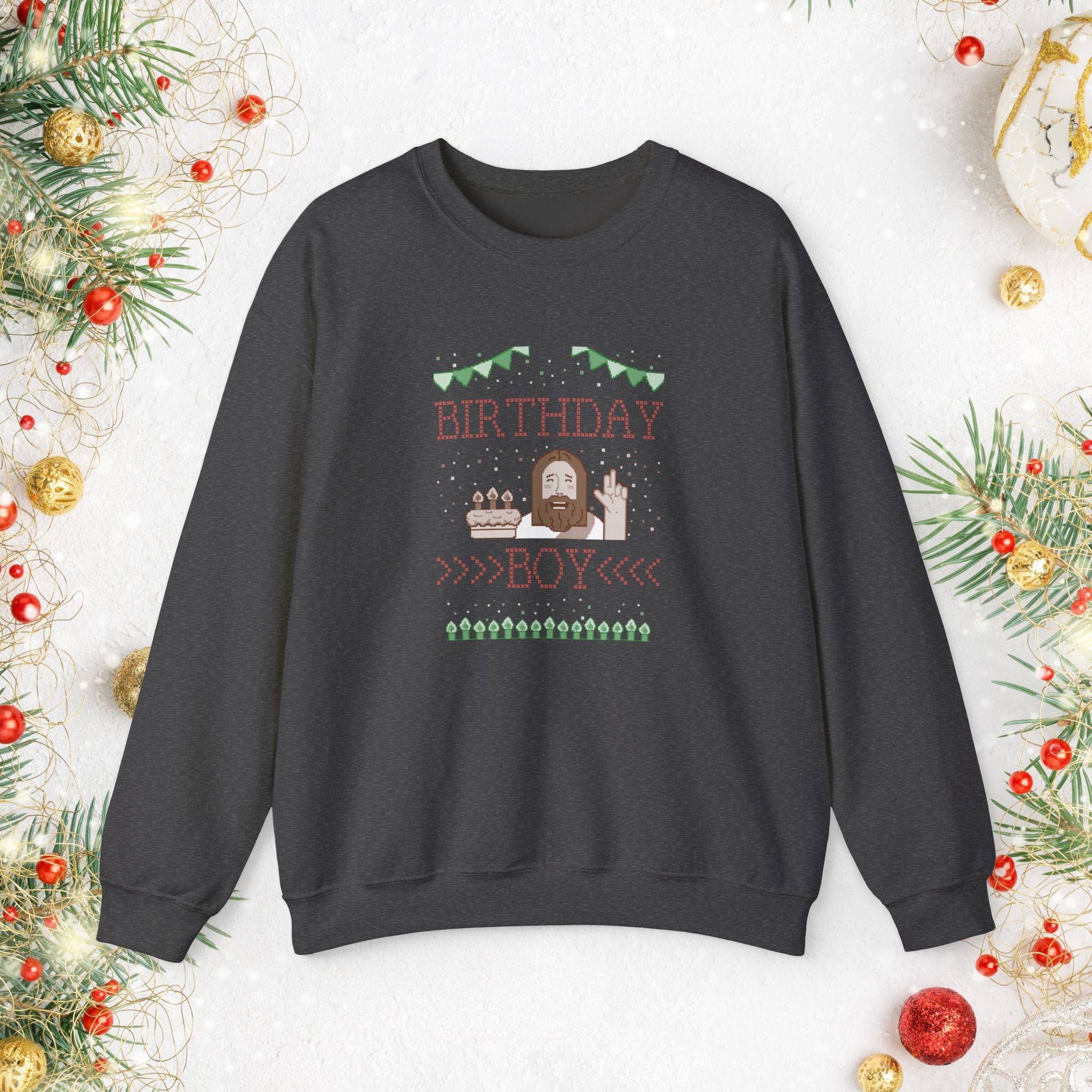 Birthday Boy Jesus Sweatshirt — Festive Retro Cake & Candles Crewneck