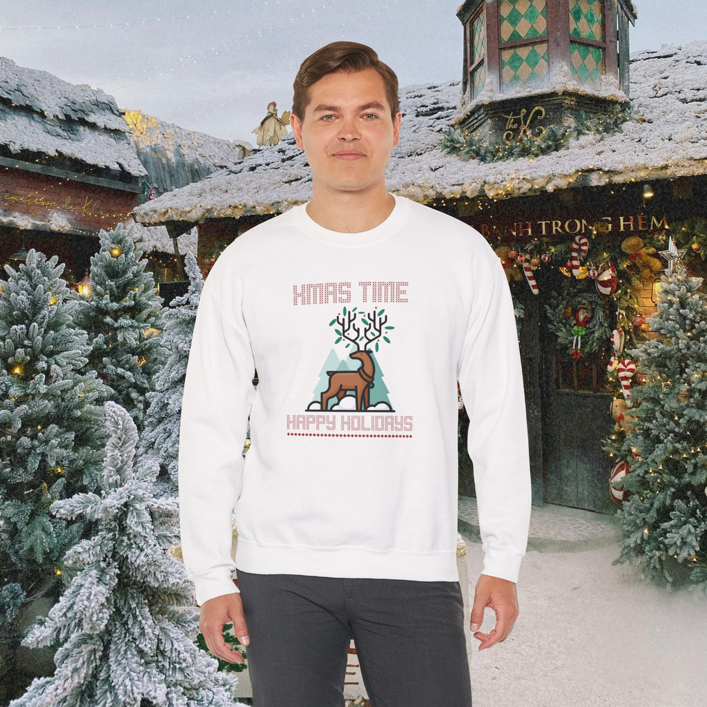 Christmas Reindeer Crewneck Sweatshirt — "Xmas Time, Happy Holidays" Holiday Sweatshirt