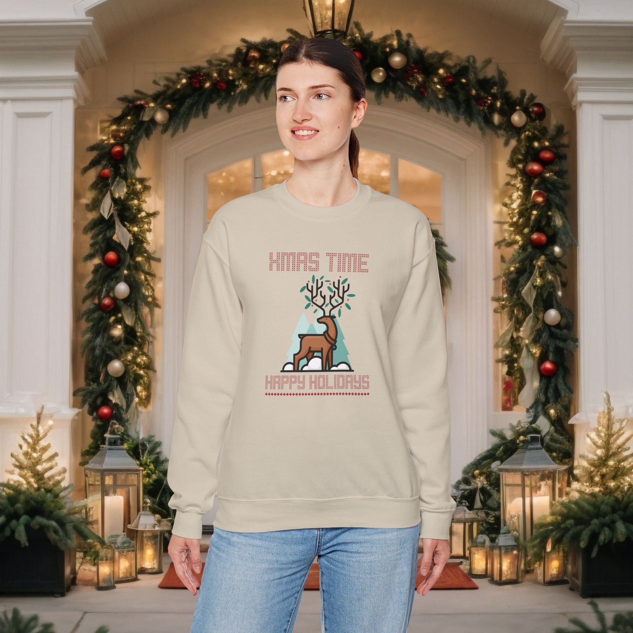 Christmas Reindeer Crewneck Sweatshirt — "Xmas Time, Happy Holidays" Holiday Sweatshirt