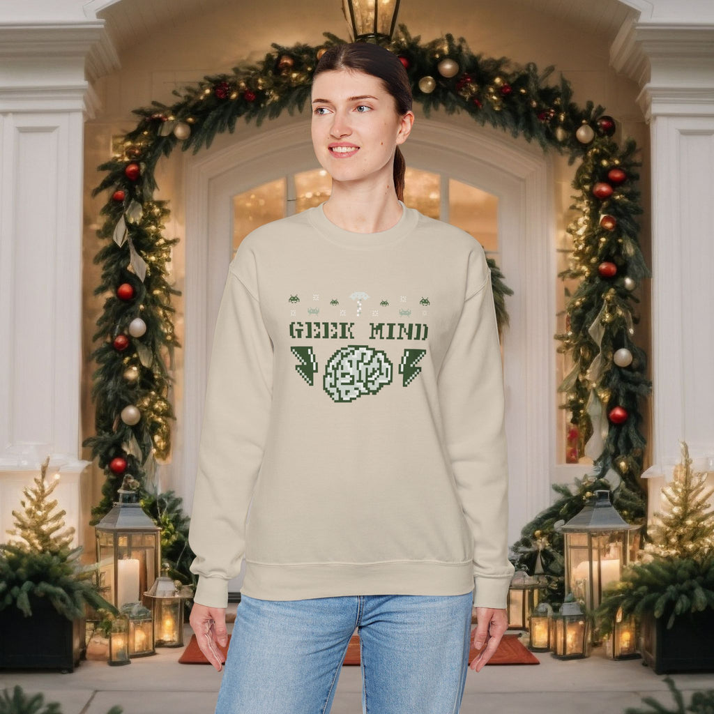 Geek Mind Crewneck Sweatshirt – Retro Pixel Brain Gaming Holiday Sweater