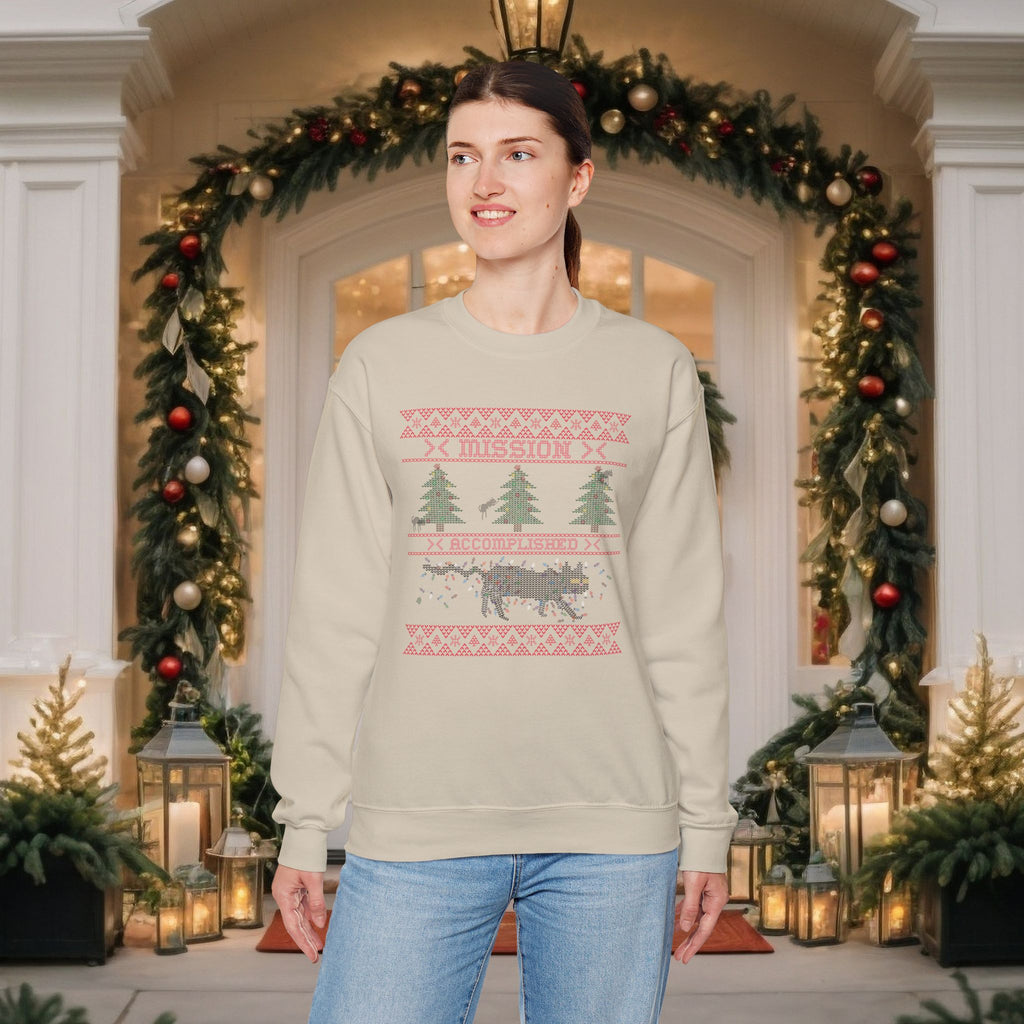 Funny Holiday Cat Sweatshirt — Cat Destroying Tree Christmas Sweater