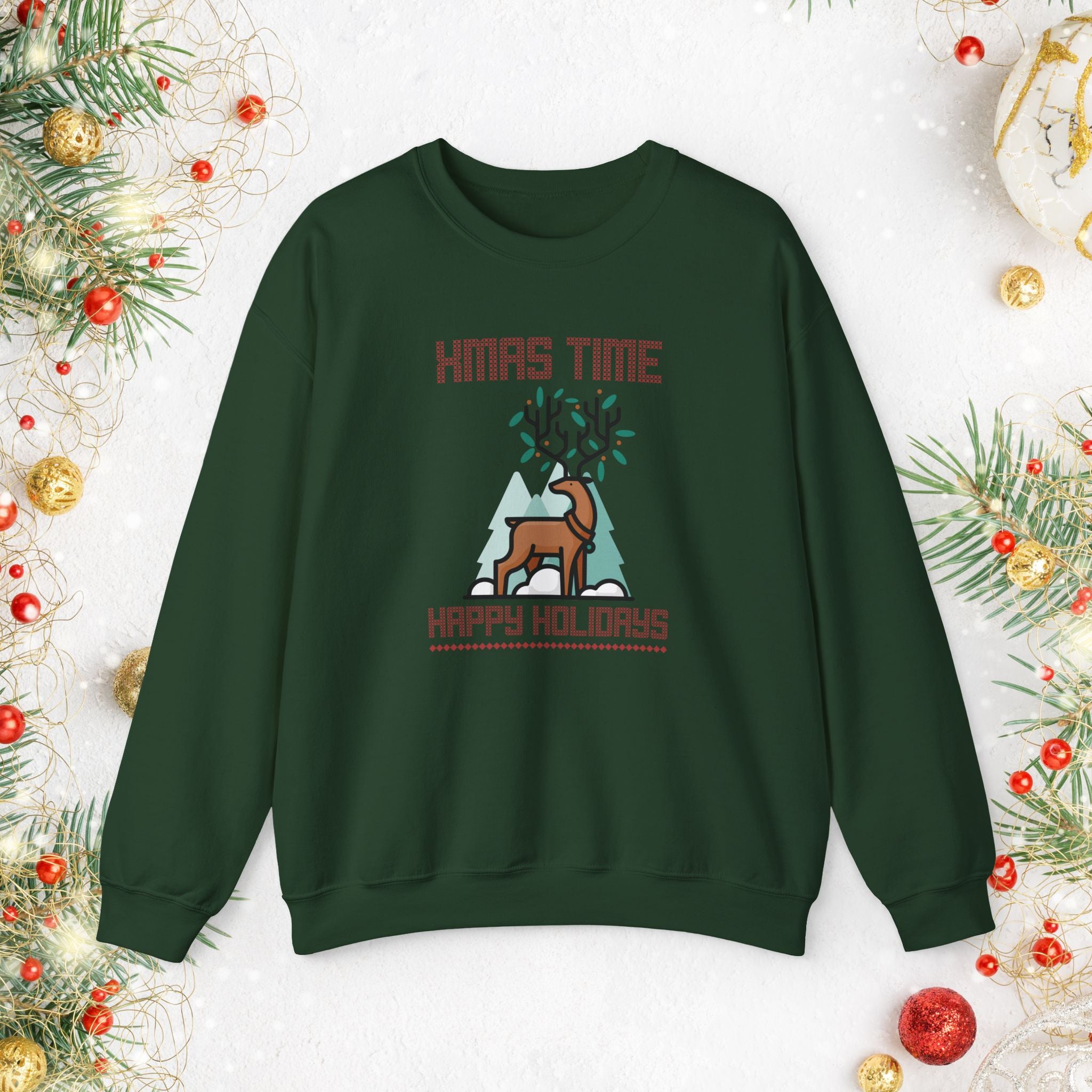 Christmas Reindeer Crewneck Sweatshirt — "Xmas Time, Happy Holidays" Holiday Sweatshirt