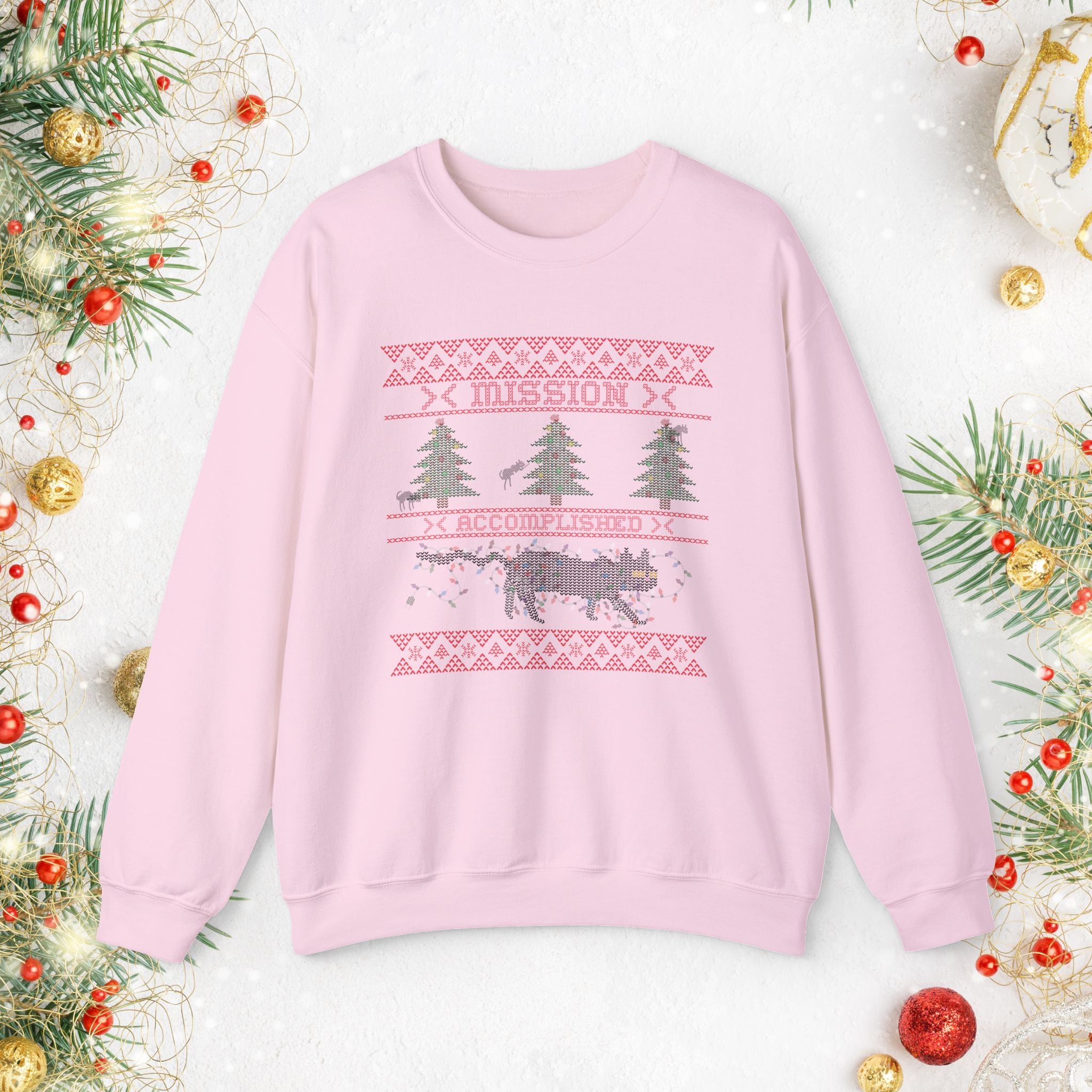 Funny Holiday Cat Sweatshirt — Cat Destroying Tree Christmas Sweater